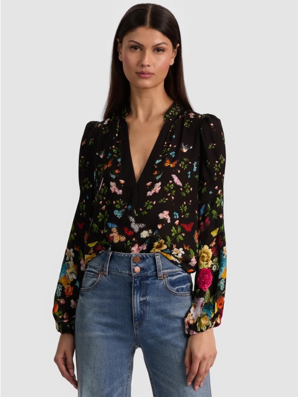 Alice + Olivia Helen Blouse Floral V-Neck Puff-Sleeve